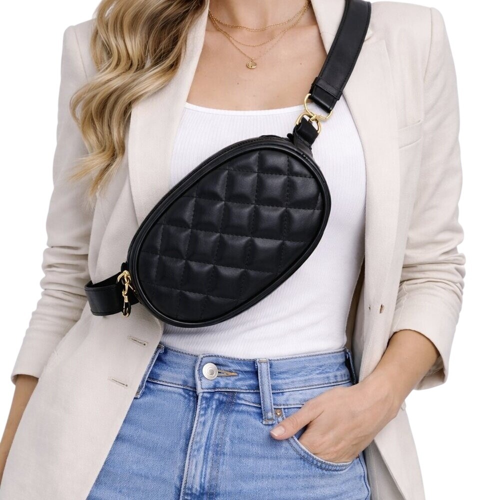 Badiya Black Quilted Belt Bag‎ Faux Leather Fanny Pack Crossbody